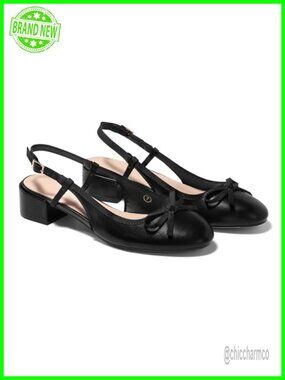 Faux Leather Chunky Low Heel Slingback Ballet Pumps Closed Toe Dress Shoes